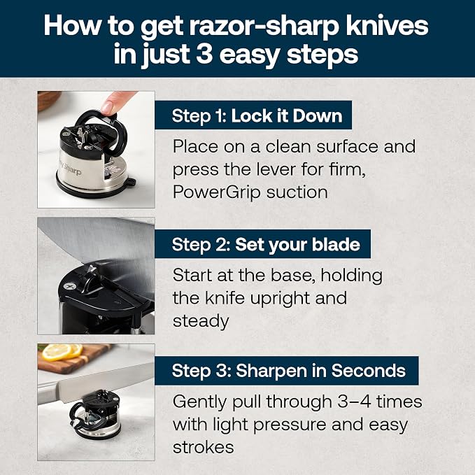 AnySharp – Pro – Hands Free Knife Sharpener - Easy to Use Sharpening Tool with PowerGrip Suction Base and 20-Degree Pre-Set Angle - for All Knives: Chef's, Serrated, and Hardened Steel - Purple (UV)