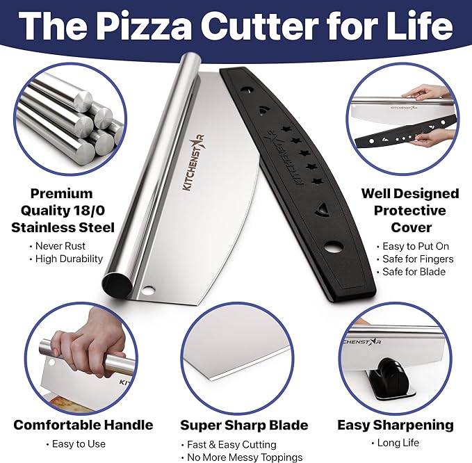 16-Inch Pizza Cutter Rocker Blade, 304 Stainless Steel Slicer Knife, Silver | Protective cover included, dishwasher safe, one-piece design, food-grade stainless steel, suitable for large pizzas