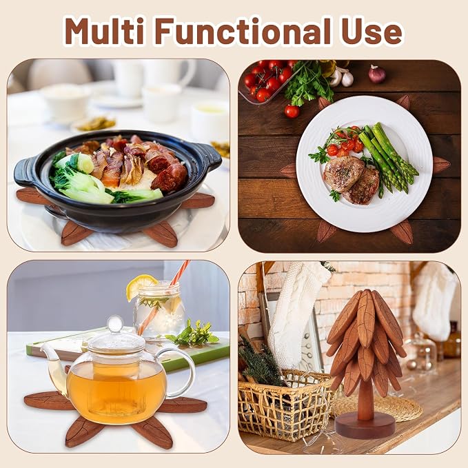 4-Piece Sapele Wood Tree Coaster Set with Stand | Leaf Pattern Trivets for Hot Dishes Pots Teapots | Heat Resistant Kitchen Trivet Set | Natural Wood Home Decor (Texture- 4 Pcs)