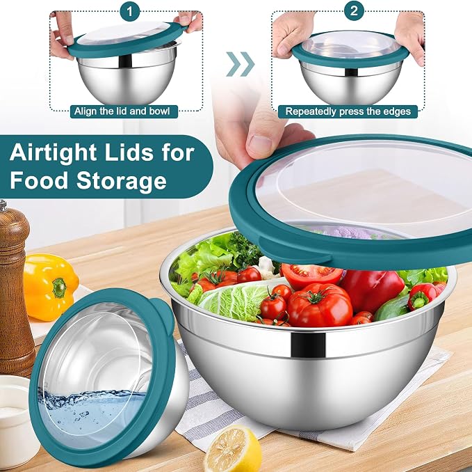 LIANYU 6 PCS Stainless Steel Mixing Bowls, Large 7, 3.5, 2.5, 2, 1.5, 1QT | Deep Metal Nesting Bowls, Kitchen Serving Bowls with Visible Lid, Ideal for Baking Cooking Prepping Food Storage, Dark Blue