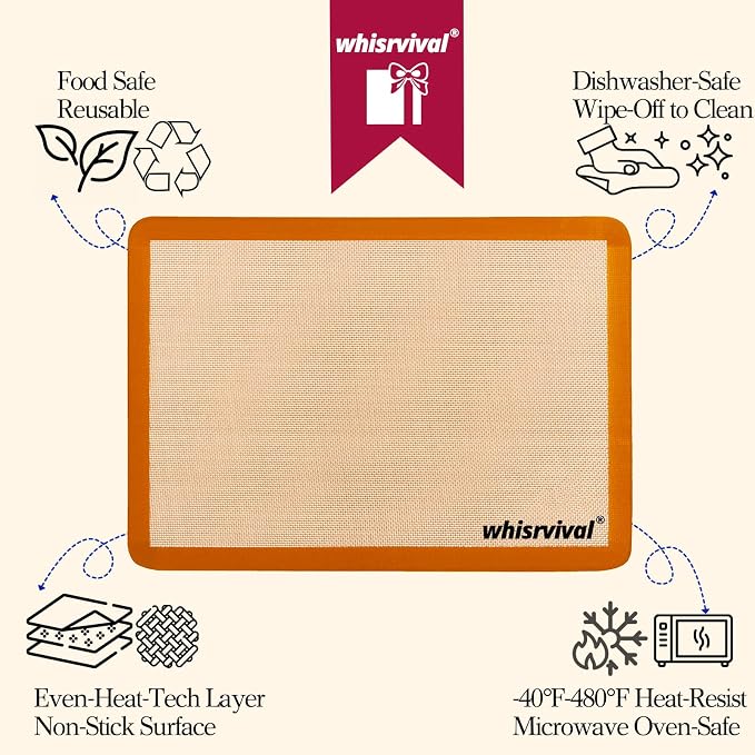 4 Pack Silicone Baking Mat, Non-Stick Silicone Baking Sheet | Food Safe, 480℉ Heat Resistant, 2 Half & 2 Quarter (Orange)