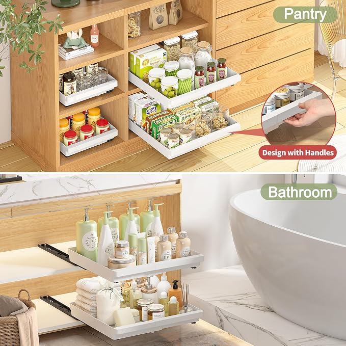 DOMNIU Pull Out Cabinet Organizers Expandable,White,20.8"Depth,2 Pack | Slide Out Drawers for Kitchen, Bathroom, Pantry, Under Sink Storage, Fixed with Adhesive Nano Film (13''-19'')