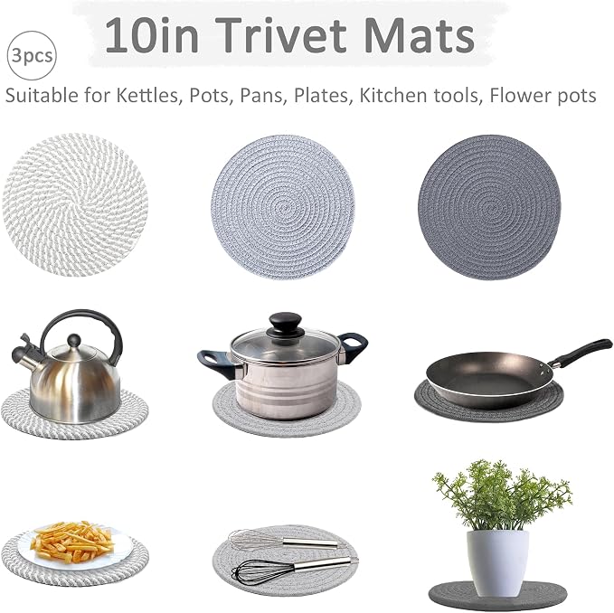 5Pcs 10in and 7in Trivet Mats Set for Hot Dishes, Cotton Heat Resistant Hot Pads Set for Kitchen Counter, Table (5 Pack)