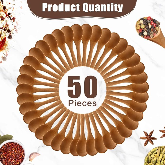 Boao 50 Pcs Small Wooden Spoons, 3.5'' L, Mini Wood Natural Tiny Spoons Wooden Little Teaspoons for Jars Sugar Creamer Honey Spices Salt Kitchen Supplies (Light Brown)