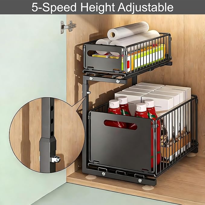 Under Sink Organizer, 2-Tier Multi-Use Kitchen and Bathroom Organizers and Storage, Slide Out Thickened Metal Under The Sink Organizer for Kitchen Bathroom Pantry (Style B Black, 2 Pack)