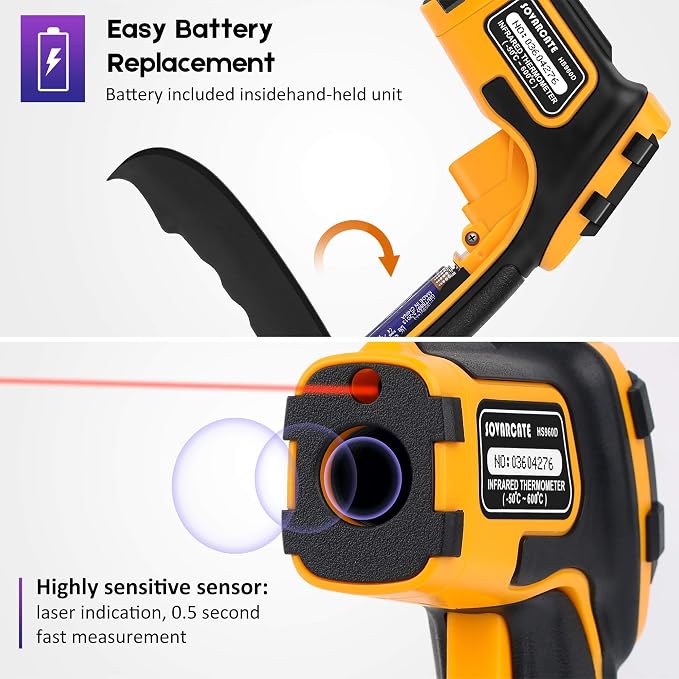 Infrared Thermometer Non-Contact Digital Laser Temperature Gun -58℉～1112℉(-50℃～600℃) Adjustable Emissivity IR Temp Gun - for Cooking, BBQ, Food, Fridge, Pizza Oven, Engine - Meat Thermometer Included