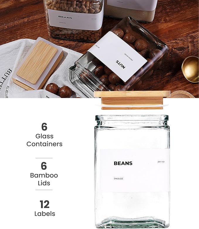 Glass Storage Jars with Bamboo Lid, glass canisters with airtight lids, Clear jars with lids for Spice, Cookie, Candy, Tea, Coffee Bean and Rice (White, 26 oz, Set of 6)