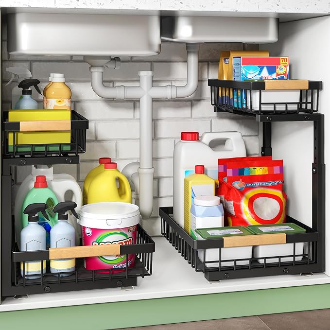 Kitstorack Under Sink Organizer, 2 Tier Under the Sink Storage, Slide out Pull out Cabinet Organizer Shelf, Metal Sliding Drawer for Kitchen Bathroom Pantry Closet Organization Rack, Black, 1 Pack