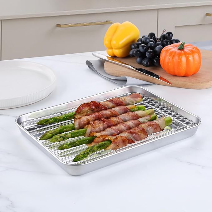 Homikit Small Baking Sheet with Wire Rack for Toaster Oven (1 Pan+1 Rack) | 10.4x8 Inch Stainless Steel Baking Pan with Rack Set, Metal Cookie Sheets Rust Free, Nonstick Bacon Tray Dishwasher Safe