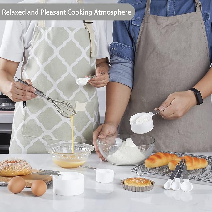 Measuring Cups and Spoons Set of Huygens Kitchen Gadgets 10 Pieces, Stackable Stainless Steel Handle Measuring Cups for Measuring Dry and Liquid Ingredient (White)