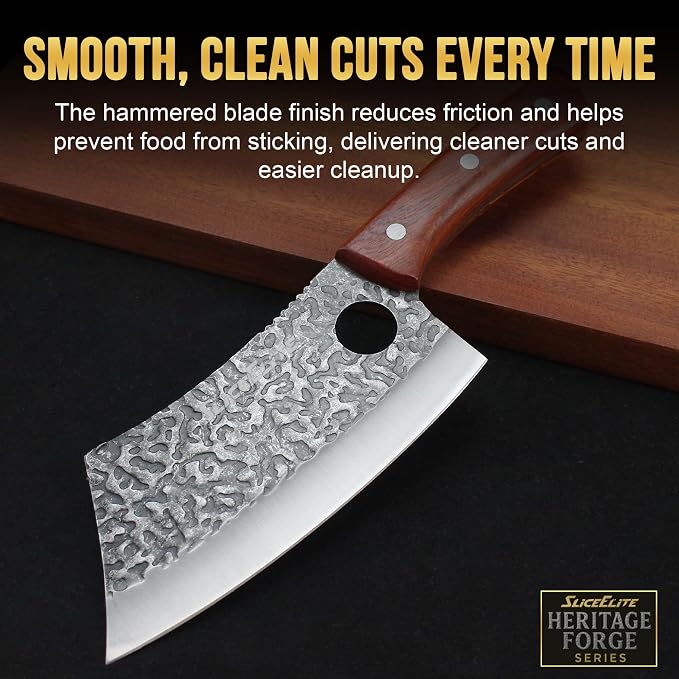 Meat Cleaver Forged Butcher Knife Meat Cutting Knife Kitchen Knives BBQ | Chopping, Slicing, Kitchen, Grilling, Outdoor Cooking, Food Prep, Hammered Pattern Forged Steel, Full Tang, Sandalwood Handle