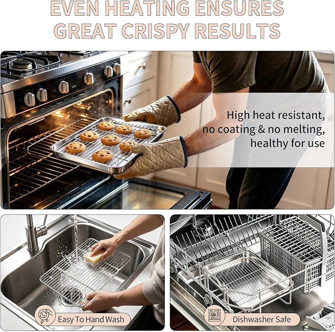 TeamFar Stainless Steel Baking Sheet with Rack Set, 12.5"x 9.5"x1" | 2 Pans + 2 Racks, Cookie Sheet Baking Pan Tray with Cooling Rack for Cooking, Non-Toxic & Rust Proof, Dishwasher Safe