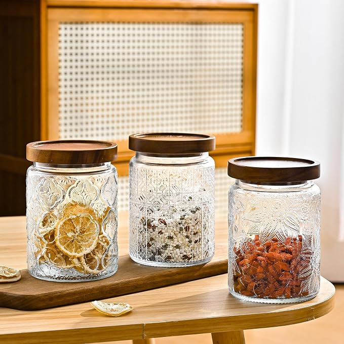 Glass Storage Containers With Lids, Glass Jars With Lids, 24oz, Set Of 3 | Airtight Glass Food Storage Containers, Kitchen Canisters For Sugar, Coffee, Tea, Spice, Flour, Candy, Pasta, Cereal