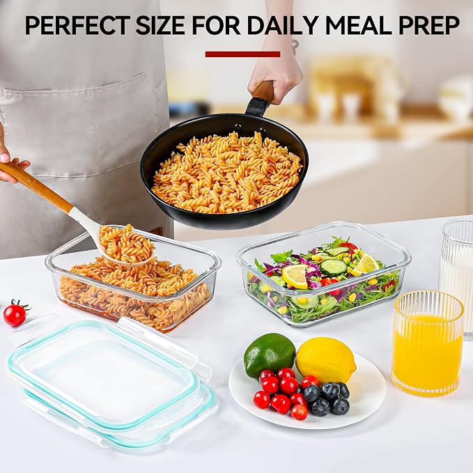 GEHE 2 Pack 52oz Large Glass Food Storage Containers with Lids, Glass Meal Prep Containers with Airtight Lids for Baking, Storing, Lunch Container, Microwave/Freezer/Dishwasher Safe, BPA Free