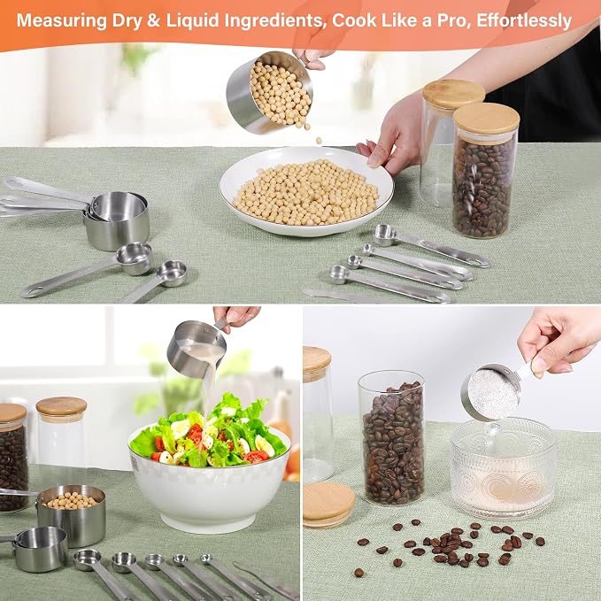 Stainless Steel Measuring Cups & Spoons Set of 13, Stackable Metal Measuring Cups & Spoons, Kitchen Gadgets for Cooking & Baking