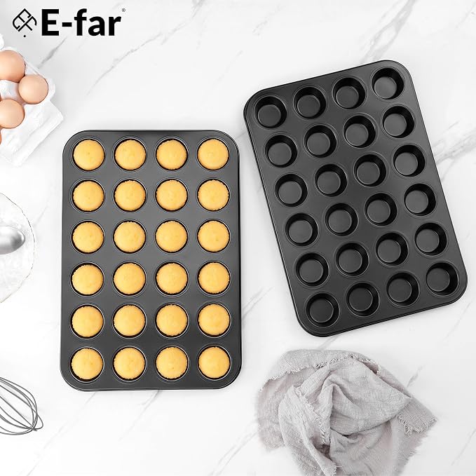 E-far 24-Cup Mini Muffin Pan, 3-Pack Nonstick Carbon Steel Cupcake Pans | Muffin Tins for Baking Mini Muffins & Cupcakes, Warp-Free for Even Baking & Easy Release, Oven Safe