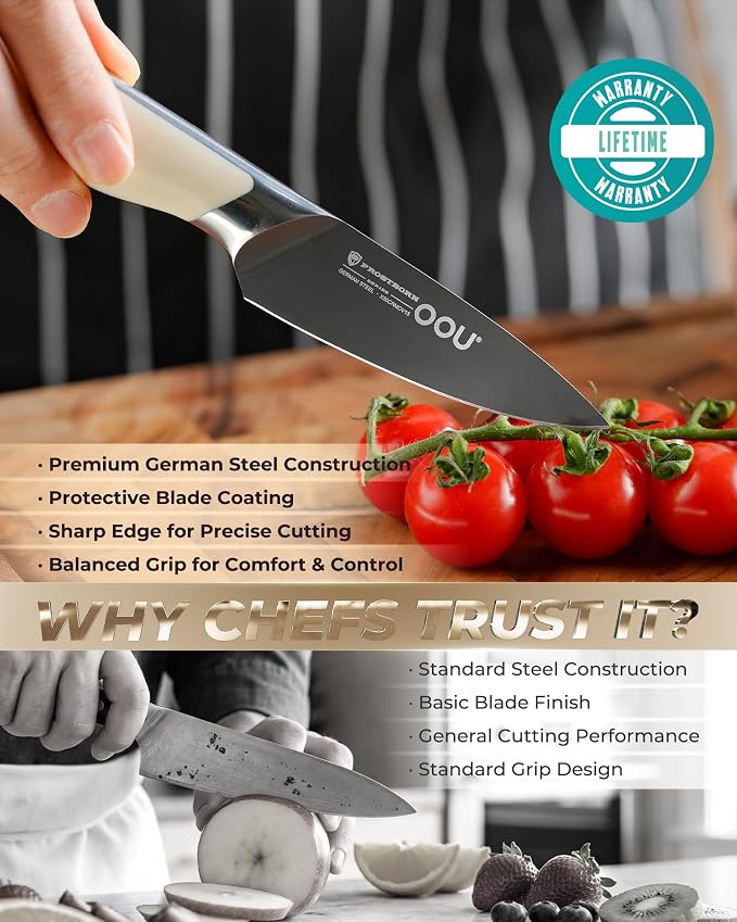 OOU 3.5'' Paring Knife, German 1.4116 Stainless Steel Kitchen Knife, Gunmetal Blade with AgShield & TinSharp Finish, Balanced ABS Handle, Sharp Utility Knife for Peeling, Trimming, Fruits