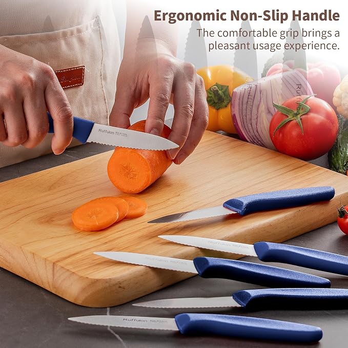 Stainless Steel Paring Knife With Serrated Blade, 6 Pieces Set Vegetable and Fruit Knife, Ultra Sharp Small Kitchen Knife, Blue Paring Knives with PP Plastic Ergonomic Handle.
