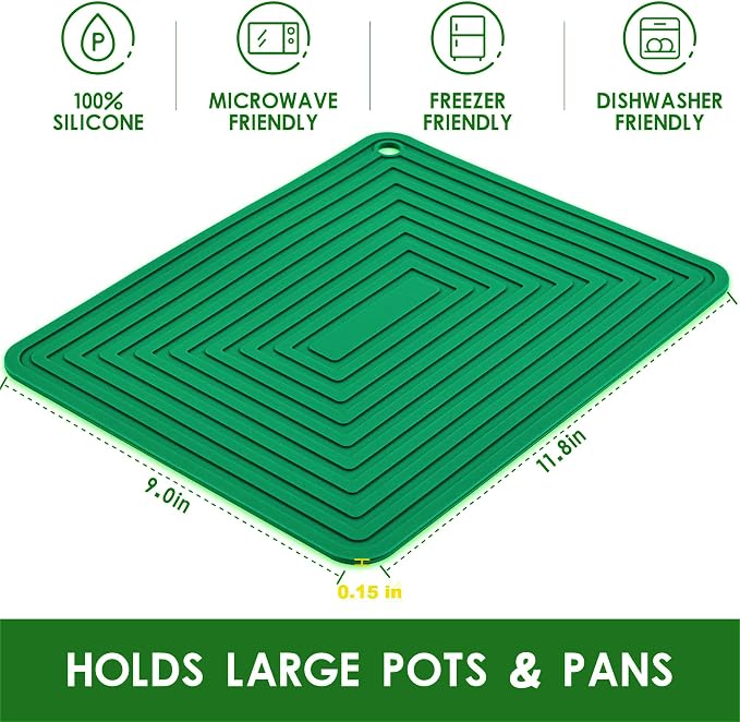 Silicone Trivets for Dishes, Pots & Pans, Green Non Slip Hot Pads for Kitchen, Heat Resistant Mat for Counter & Table, Multi Use Silicone Pot Holders Trivet Mat, Flexible Hot Pad Set 4