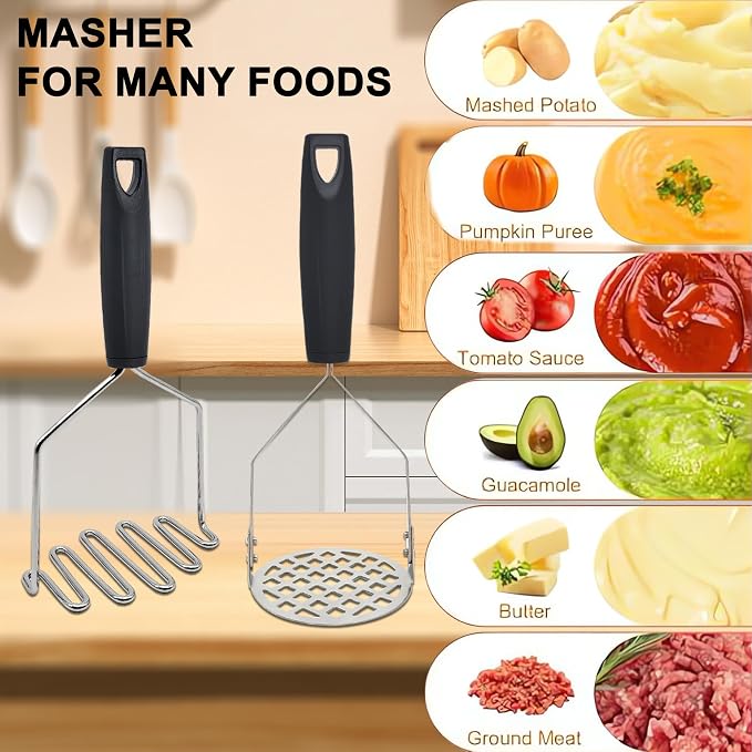 2PCS Heavy Duty Potato Masher, Sturdy Masher, Stainless Steel Food Masher Tool for Potatoes, Avocados, Beans, Fruit & Vegetables