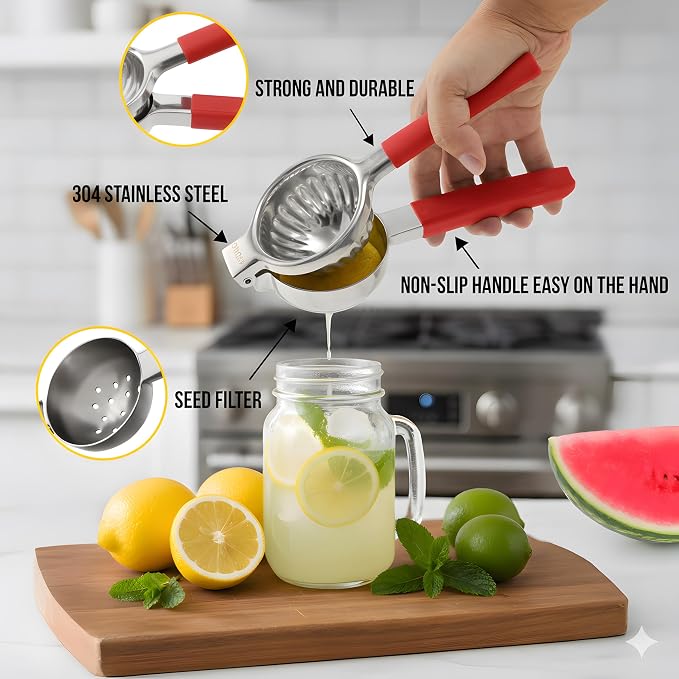 Stainless Steel Lemon Squeezer Citrus Juicer – Large Bowl, Heavy-Gauge Steel, Long Textured Non-Slip Handles – Large Size, Easy to Clean, Maximum Juice Extraction for Kitchen Use