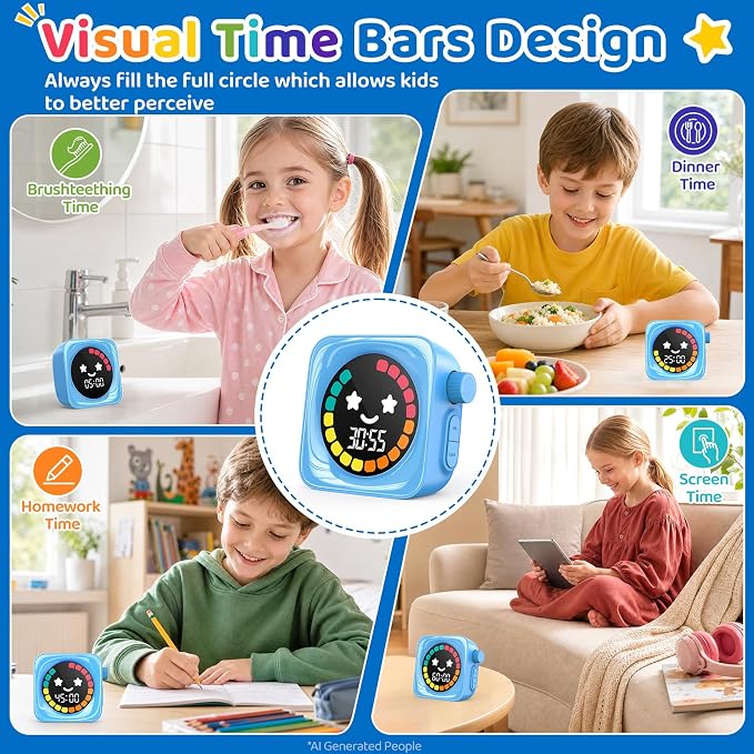 Visual Timer for Kids, 99 Minute Digital Cute Kids Visual Timer Classroom Timer for Homeschool Supplies Study Teaching Time Management Tool Countdown Productivity Timer, Blue, Colorful Display