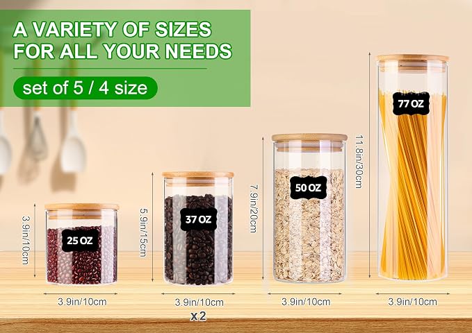 Glass Food Storage Jars, Food Containers with Airtight Bamboo Lids for Pasta, Cookies, Nuts, Coffee Beans, Cereal, Glass Canisters for Kitchen, Pantry Organization,Set of 5