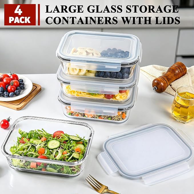 GEHE 4 Pack 52oz Glass Food Storage Containers with Lids, Large Glass Storage Containers with Airtight Lids, Meal Prep Container for Storing & Serving, Leak Proof, BPA Free, Microwave/Oven Safe
