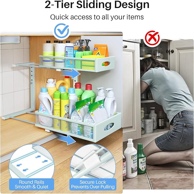 Under Sink Organizer, 2 Pack 2 Tier Pull Out Under Cabinet Organizer Shelf with Pad for Framed Cabinets, Metal Slide Out Under Sink Storage, Mesh Sliding Drawers for Kitchen Bathroom Laundry, Blue