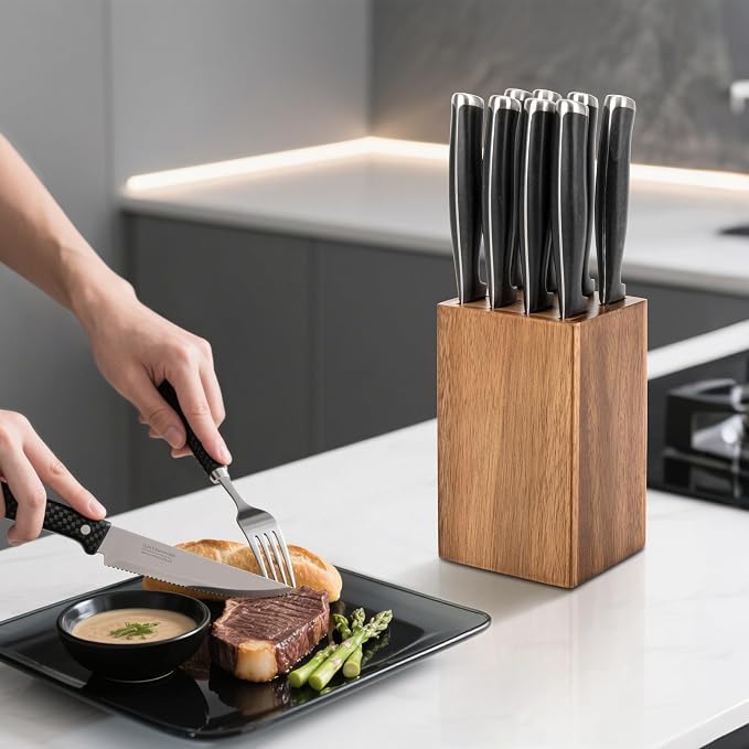 8 Slots Steak Knife Block Holder, 5.5" Wooden Small Knife Block without Knives,Compact and Space Saving Storage Knife Holder for Counter Top (Brown-1)