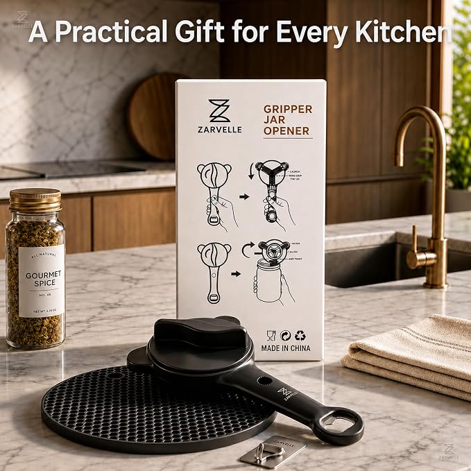 Jar Opener for Seniors with Arthritis & Weak Hands, 4-in-1 Adjustable Lid & Bottle Opener Set with Non-Slip Silicone Grip Pad & Stainless Steel Hook, Easy Twist Kitchen Gadget for Elderly (Black)