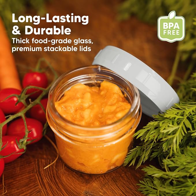 KeaBabies 12pk 4oz Glass Baby Food Containers with Lids, Leak-Proof (Slate) | Microwavable Small Glass Jars, Baby Purees, Toddler Snack Storage Containers, BPA-Free, Dishwasher-safe, Freezer Safe