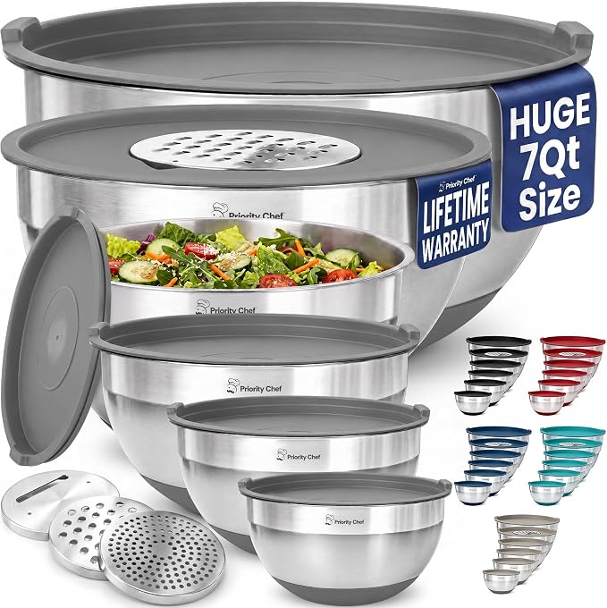 Priority Chef 6pc Stainless Steel Mixing Bowls with Lids Set, 7 Qt, Grey | 6pc Non-slip nesting bowls 1-7 qt, 3 graters & interior measurement marks; for meal prep, baking & airtight fridge storage