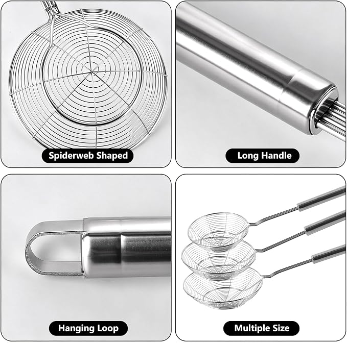 3Pcs Spider Strainer Skimmer, Stainless Steel Wire Strainer Ladle for Cooking and Frying, Kitchen Utensils Pasta Strainer Spoon, 5.4 Inch + 6.1 Inch + 7 Inch