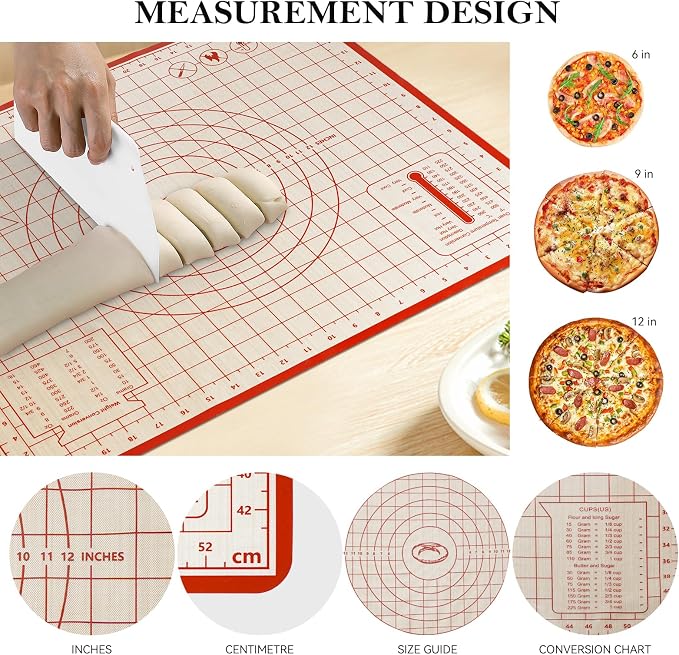 Silicone Baking Mat Set, 28x20 & 16x12 Inch, Red (2 Pack) | Food-grade silicone; non-stick, non-slip; dough kneading board; measurement markings