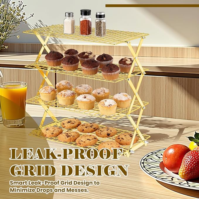 BEWOS 4 Tier Collapsible Cooling Rack - Adjustable Stainless Steel Baking Rack with Mesh Leak Proof，Foldable X-Shaped Structure Cooling Racks for Cooking and Baking, Dishwasher Safe（Gold）