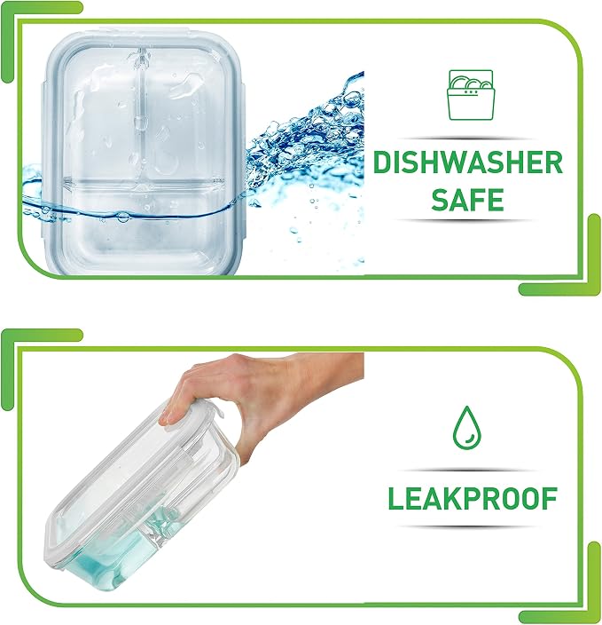 PrepNaturals 5 Pack 34oz Glass Meal Prep Containers - 3 Compartments | Borosilicate Glass Meal Prep Containers - Airtight Leak-Resistant Lids, Microwave, Oven & Freezer Safe (5-Pack, 34 oz)