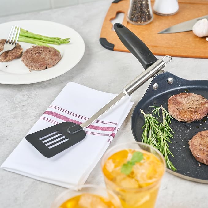 Restaurantware Nylon Slotted Turner - German Standard Kitchen Spatula with Stainless Steel Handle, Non-Stick Safe, Dishwasher Safe - Heat-Resistant Slotted Spatula for Eggs, Cookies, All Purpose