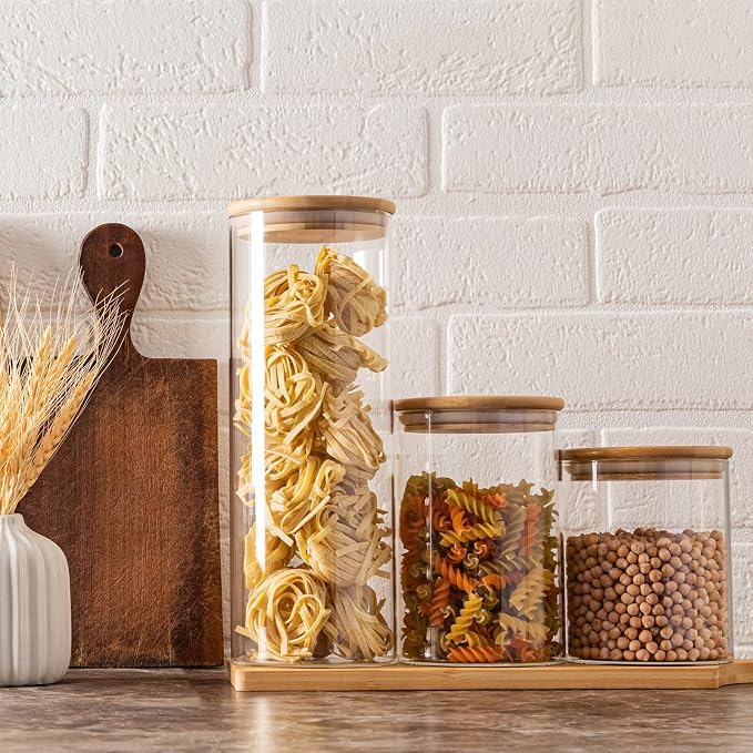SHOWIN 73oz Glass Pasta Storage Jars, Tall Glass Jars with Bamboo Lids, Spaghetti Container, Set of 3, Kitchen Storage Containers for Pasta, Pantry Organizers