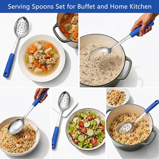 Serving Spoon Set with Silicone Handles,2-Piece spoon | Stainless Steel Serving Spoon, Slotted Spoon & Soup Ladle Set for Buffet and Home Kitchen