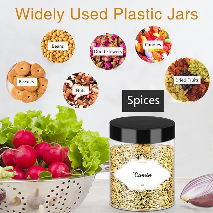PeacePeo 8 OZ Plastic Jars with Lids, 48 Pcs Slime Storage Containers | Wide-Mouth Round Clear Jars, Black Secure Lid, Lightweight and Portable, for Pantry, Cabinet and Countertop Organization