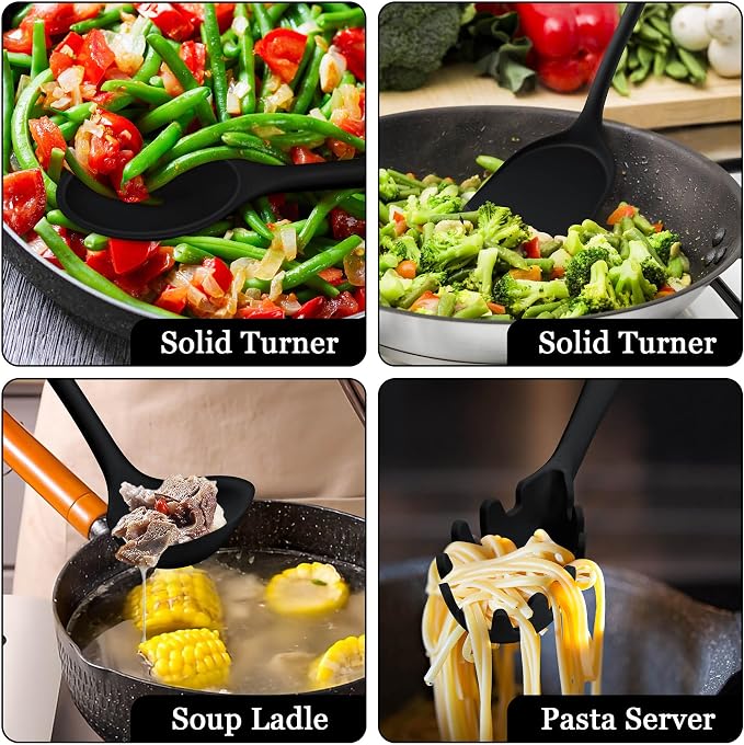 LIANYU Non-Toxic Cooking Utensils Set of 8, Silicone Black Kitchen Utensils Set for Non-Stick Cookware, Healthy Kitchen Tools with Spatula & Spoon, Stainless Steel Core, Healthy & Heat Resistant
