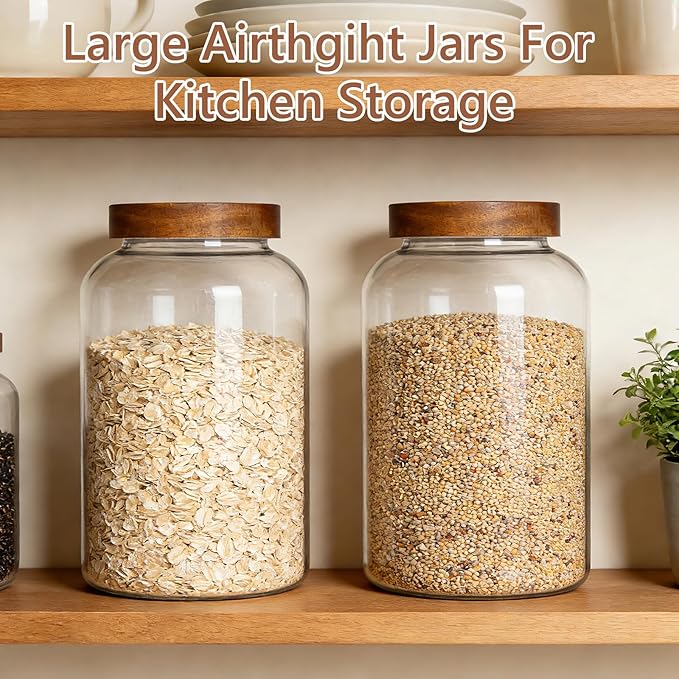 KEYWING 1 Gallon Glass Jars w/Acacia Lids for Flour & Rice Containers 2Pcs | Large Wide Mouth Airtight Food Storage Containers, Pantry Kitchen Organizer for Egg Sugar Cereal -3800ml with 126 Labels