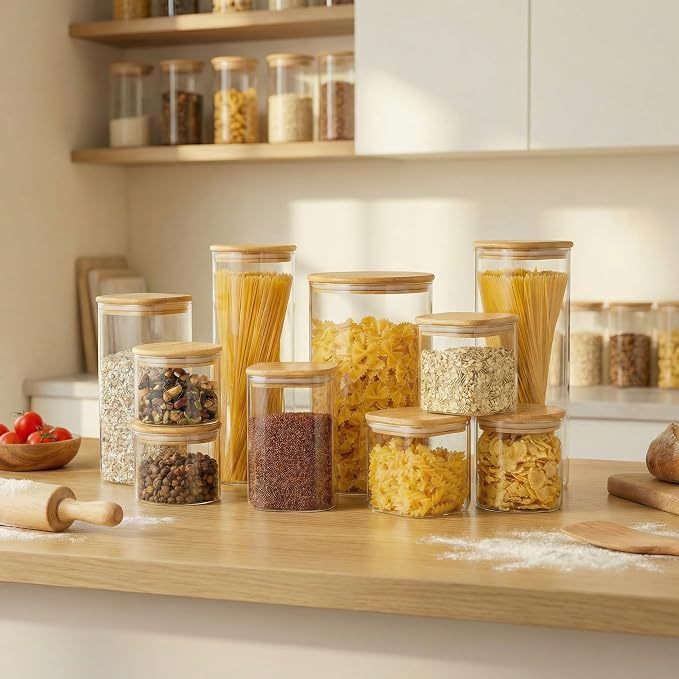 42 oz & 27 oz Square Glass Food Storage Containers with Bamboo Lids, 4 Pack | Pantry Jars for Flour, Sugar, Pasta & Spices, Durable Borosilicate Glass Canister Keep Food Dry & Fresh, Easy to Fill & Clean