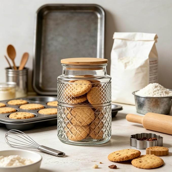 Large Glass Storage Jar, 60 FL OZ Glass Food Storage Containers with Bamboo Lid, Kitchen Laundry Room Organization Jar for Cookies Coffee Flour Sugar Laundry Pods Detergent Airtight Glass Jars | Kitchen Pantry Thick Glass Container for Flour Sugar Cook...