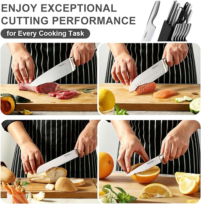 FIKSHOT Kitchen Knife Set, German Stainless Steel kitchen knives – Includes Knife Block Set & Sharpener, High Carbon, Rust-Resistant, Ergonomic Handle for Cooking, Grilling & Gifting