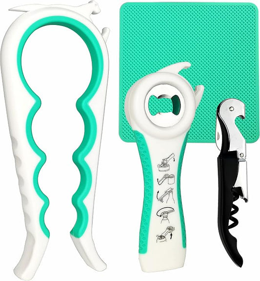 Otstar Jar Opener Bottle Opener and Can opener for Weak Hands,Seniors with Arthritis, Elderly, Jar Lid Opener Gadgets with Rubber Jar Opener Gripper Pad and Corkscrew Opener
