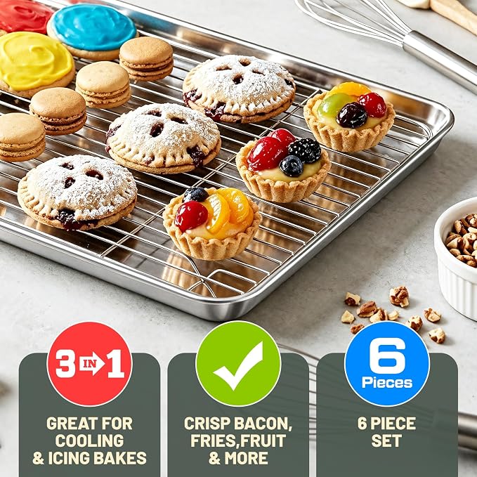 Stainless Steel Baking Sheet Tray Cooling Rack with Silicone Baking Mat Set, 16 x 12 x 1 Inch Cookie Sheet Pan with Wire Rack Set, Set of 6 (2 Sheets + 2 Racks + 2 Mats), Heavy Duty & Rust Proof
