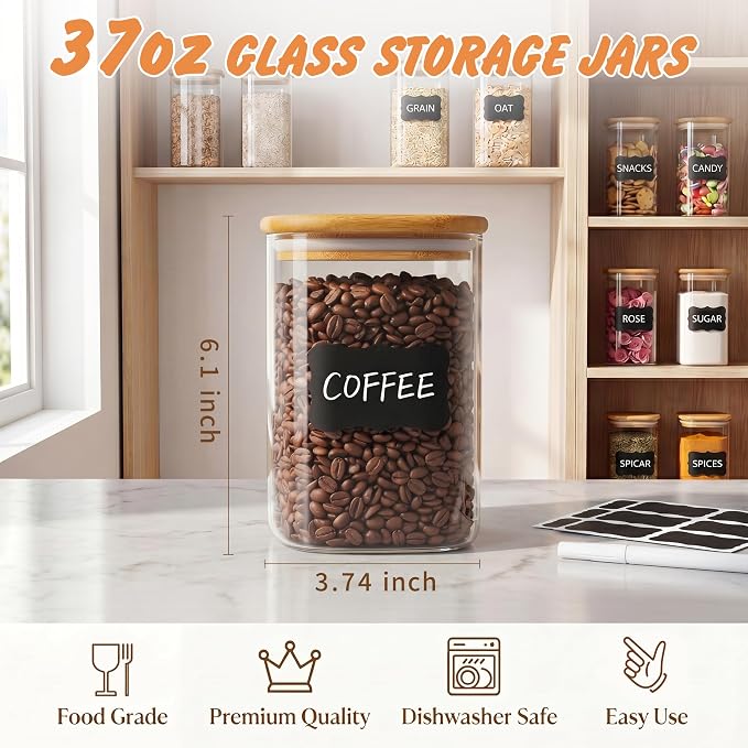 SENTVEND 37 Oz Glass Jars - 6 Pack Food Storage Containers with Lids Square | Food-grade durable clear canister, Bamboo seal cover, Stackable, BPA-Free, Ideal for sorting oats, Coffee beans, Nuts & More