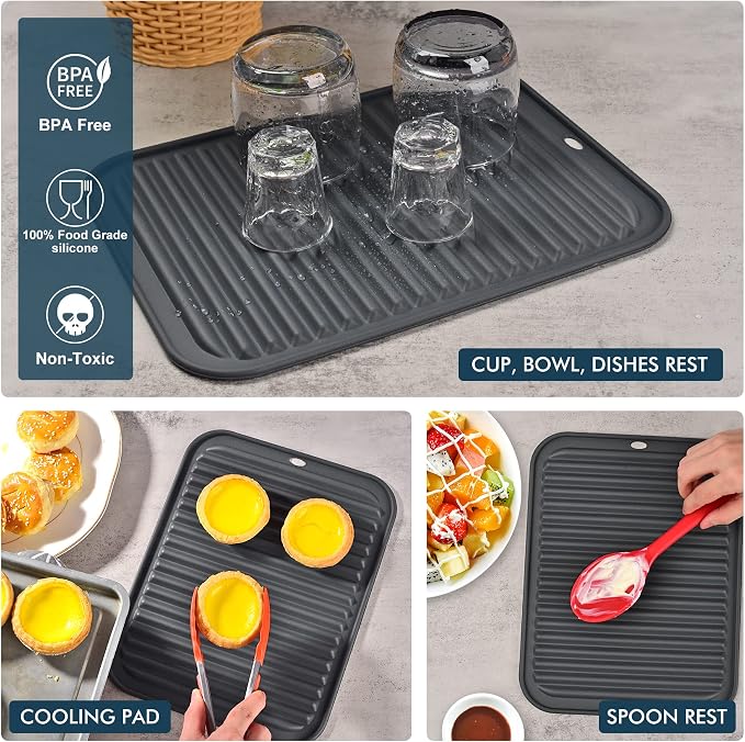 HOTEC 446℉ Heat Resistant BPA Free Silicone Trivets for Hot pots and Pans, for Kitchen Counter Dish Drying Mat, Set of 2 Dark Grey